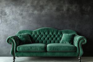A green couch against a wall photo
