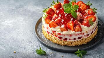A strawberry cake with cream cheese frosting and strawberries photo