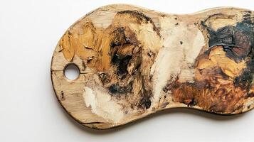 A wooden cutting board with a painting on it photo