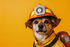 A dog wearing a fireman's hat on an orange background photo