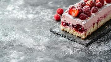A piece of cake with raspberry and cream on top photo