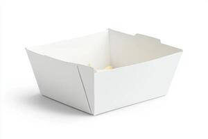 A white takeout box with a piece of food in it photo