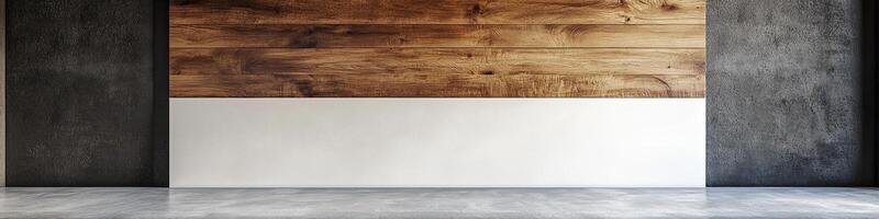 A room with a wooden wall and concrete floor photo