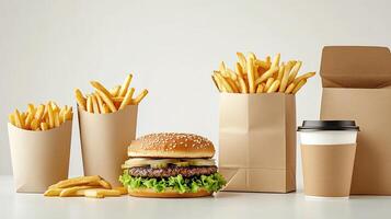 A hamburger, french fries and a cup of coffee are in paper bags photo