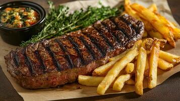 A steak and french fries on a paper plate photo
