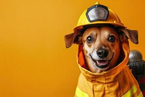 A dog wearing a fireman's hat and holding a hose photo