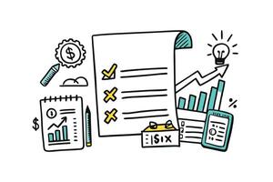 Tax and finance hand drawn illustration showcasing creative elements like graphs, calculators, and financial success icons vector