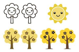 Charming line art cartoon icons of smiling flowers, radiant sun, and creative tree designs, ideal for decorative and graphic projects vector
