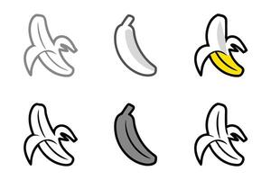 Banana icon set with peeled and whole designs, featuring simple and colorful styles, perfect for food illustrations and graphic projects vector