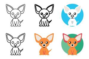 Line art icon set of adorable chihuahua dogs in colorful and outline styles, perfect for pet themed designs, logos, and projects vector