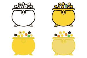 Stylized line art icon set of cauldrons with colorful bubbles, sparkles, and magic themes, ideal for logos, illustrations, and crafts vector