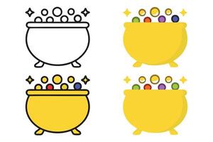 Creative line art icon set of cauldrons with magical elements like bubbles and stars, great for graphic design, Halloween, and fantasy vector