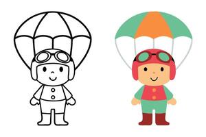 Adorable cartoon character of a parachute pilot boy, perfect for kids coloring books and educational illustrations vector