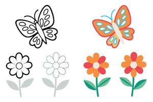 Creative butterfly and flower designs in outlined and colorful styles, ideal for art projects, logos, and printable educational resources vector