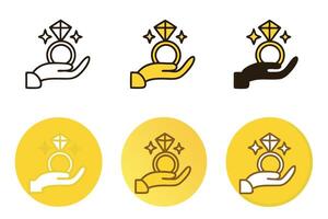 Set of hand drawn and minimalistic icons featuring a hand holding a sparkling engagement ring, ideal for romantic and proposal themes vector
