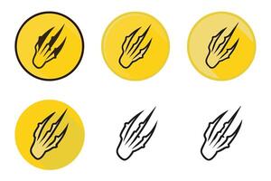 Claw scratch marks in bold yellow circles, detailed line art icon set for scratches and claw patterns, perfect for animal themed designs vector