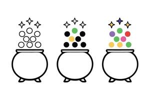 Magical cauldron line art icon set featuring whimsical designs with bubbles and stars, perfect for Halloween or fantasy art projects vector