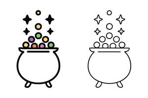 Line art icon set of magical cauldrons filled with colorful bubbles and sparkles, ideal for creative projects and fantasy themed designs vector