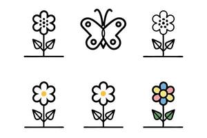 Minimalist line art icon set featuring garden flowers and butterflies, perfect for nature themed designs and creative projects vector