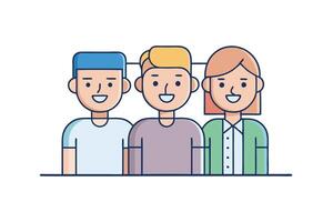 Simple cartoon illustration of three smiling diverse people, showcasing teamwork, friendship, and inclusivity on a white background vector