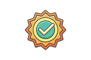 Colorful illustration of a circular badge with a checkmark, symbolizing quality assurance, success, or completion in a creative style vector