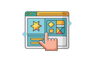 Cartoon style illustration of a web interface with interactive design elements and a pointing hand, perfect for technology and UI concepts vector