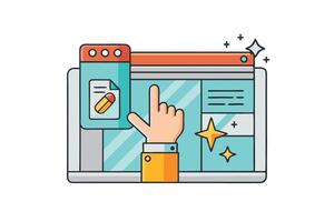 Digital artwork featuring a modern web application interface with colorful icons and a hand pointer, ideal for user experience designs vector
