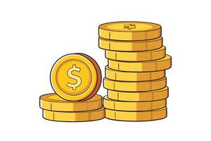 Gold coins with dollar signs in a colorful cartoon design, symbolizing money, savings, and economic growth in a creative style vector