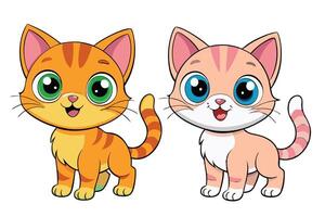 Pair of cartoon kittens, one orange and one cream, with happy faces and bright blue eyes, featuring detailed design elements for illustrations vector