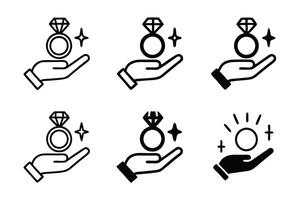 Icon set of hands showcasing engagement rings with diamonds, designed for marriage proposals, romantic gestures, and luxury branding vector