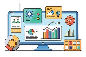 Modern illustration of analytics and graphs displayed on a computer screen, symbolizing technology, data analysis, and performance tracking vector