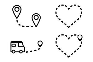 Line art icon set of dashed paths in heart shapes, vehicle routes, and navigation elements, ideal for maps and travel design projects vector