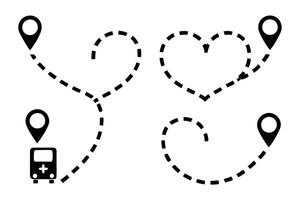 Minimalist line art icon set with dashed paths forming hearts, map markers, and transport vehicles for navigation concepts vector