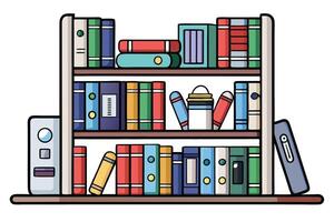 Creative depiction of bookshelves filled with colorful books, a robotic AI assistant, and academic materials, ideal for education and innovation themes vector