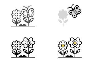 Beautiful line art icon set of garden flowers with a butterfly, emphasizing clean lines and modern design elements vector
