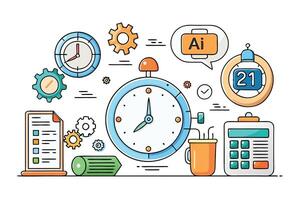 Creative concept of time management featuring clocks, calendars, and AI icons, ideal for business, organization, and planning themes vector