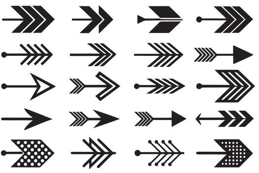 Stylish set of black arrows in multiple patterns and unique styles, suitable for navigation, infographics, and artistic purposes vector