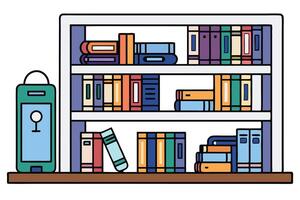 Cartoon style bookshelf with colorful books and a modern AI device, representing technology, education, and knowledge in a vibrant illustration vector