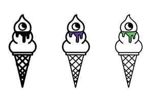 Spooky ice cream cones with dripping designs, eerie faces, and bold outlines, combining dessert with a creepy Halloween inspired style vector