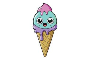 Halloween themed ice cream cone design with cute and scary expressions, dripping details, and bright pastel colors ideal for festive content vector