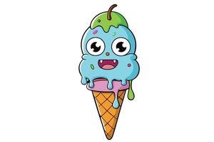Fun and spooky cartoon ice cream cone with colorful swirl, vampire like face, and playful dripping details, perfect for creative projects vector