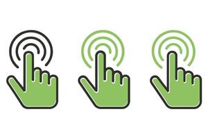 Hand pointing icons in green, red, and blue with ripple effects, symbolizing interaction or touch gestures for user interface elements vector