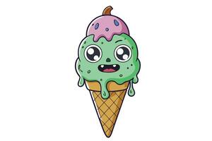 Vibrant and creepy ice cream illustration featuring a monster like face, colorful scoops, and a detailed cone for unique artistic concepts vector