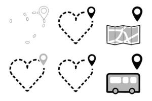 Creative line art icon set showing heart shaped routes, bus and travel paths, and navigation markers for design and mapping purposes vector