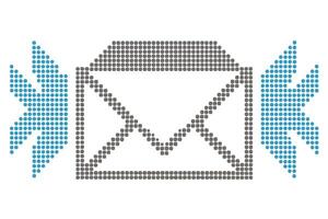 Collection of pixel art style mail icons featuring envelopes, arrows, and symbols for messaging and email interaction, isolated graphics vector