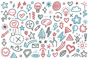 Playful collection of hand drawn doodles featuring hearts, arrows, speech bubbles, stars, and abstract elements for design projects vector