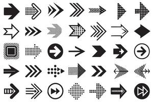 Black arrow icon collection showcasing diverse designs and styles for navigation, direction, and interface elements on a clean white background vector