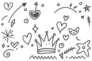 Whimsical Marker Doodles with Hearts, Stars, Crowns, and Arrows in a Playful and Vibrant Style for Creative Projects vector