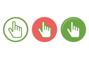 Circular click icons in red, green, and blue with outlined hand symbols, ideal for indicating selection or interaction in UI UX design vector