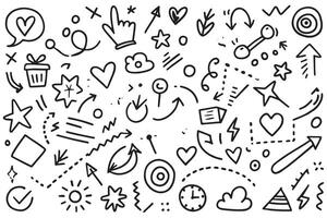 Creative marker doodle set with colorful arrows, hearts, stars, clouds, and icons perfect for graphic and design purposes vector